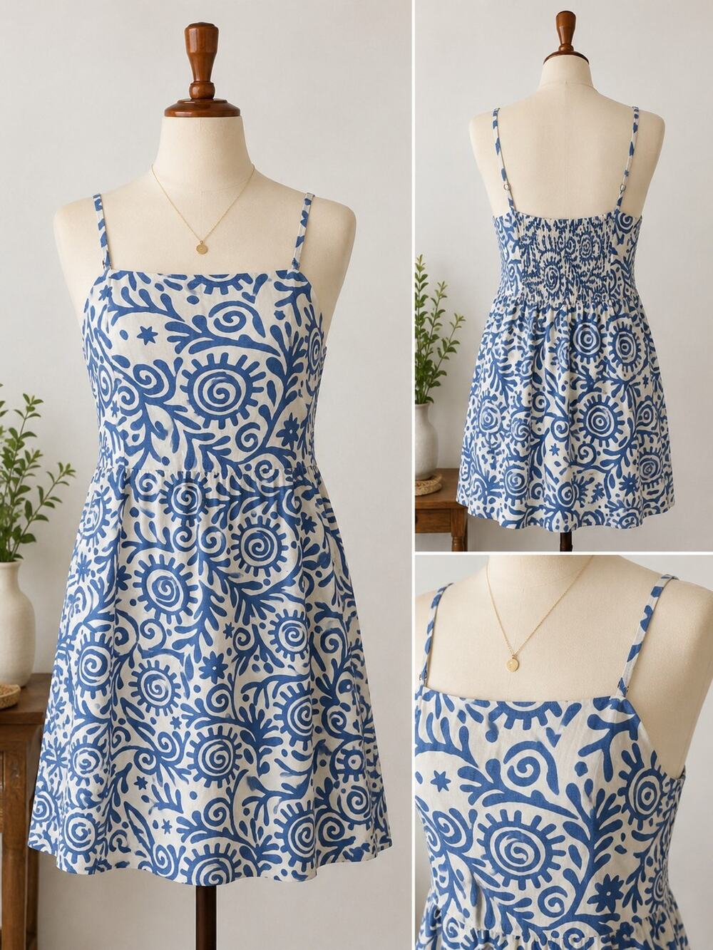 Japna Blue White Linen Blend Sundress Medium Smocked Back Adjustable Straps
